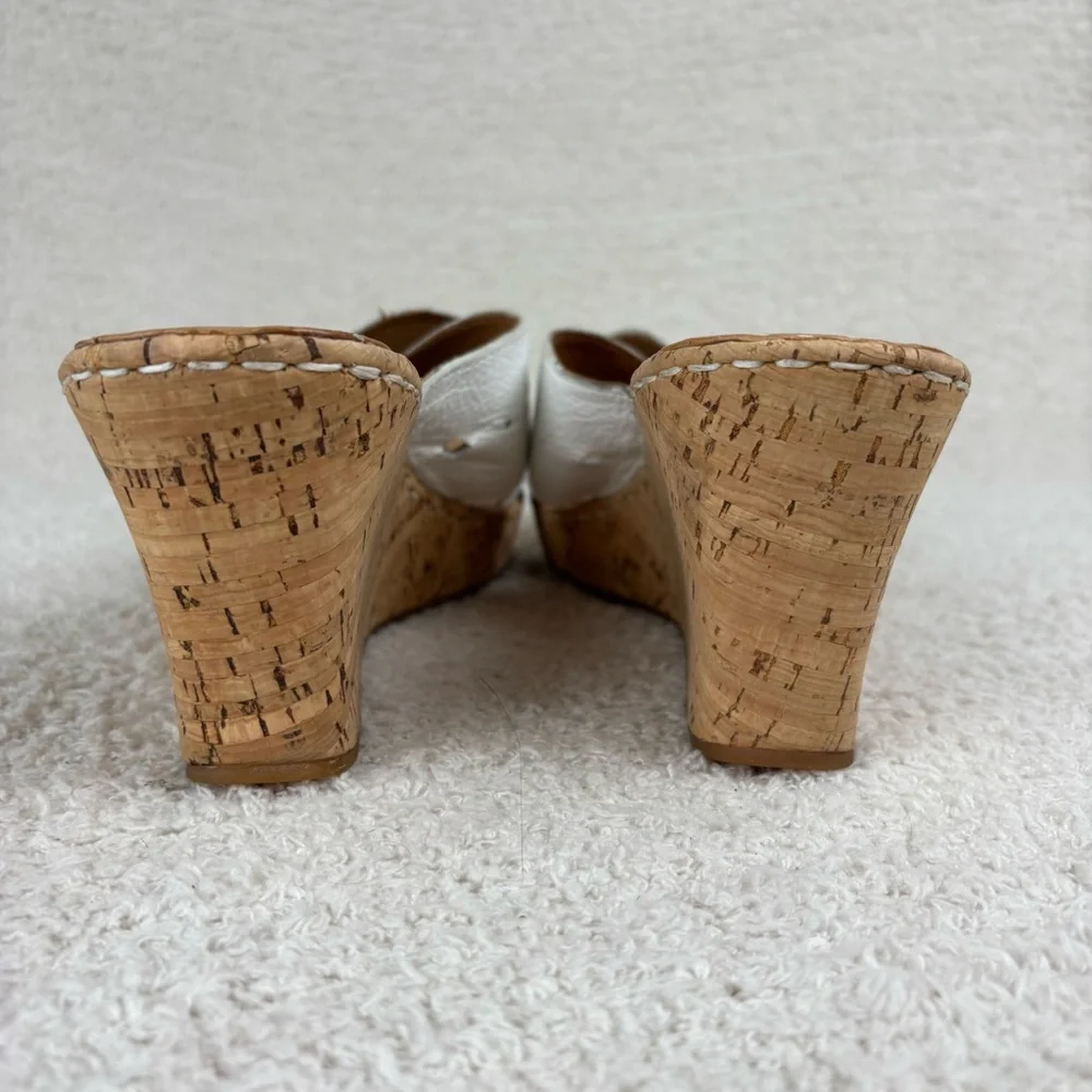 Born Sandals Womens 10 White Cork Canova Wedge Slip On‎ Peep Toe Leather Comfort